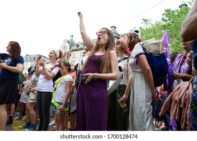 Zurich, Switzerland 06/14/2019: Woman Cheerfully Protesting At The Women's March 2019 In Frauenstreik Zurich