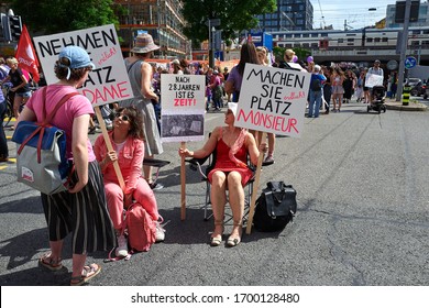 Zurich, Switzerland 06/14/2019: Woman Holding Signs, Protesting At The Women's March 2019 In Frauenstreik Zurich