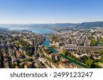 Zurich, Switzerland: Aerial panorama of Zurich old town and downtown along the Limmat river and lake Zurich in Switzerland largest city