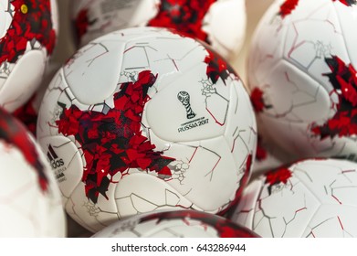 Zurich, Switzerland - April 2017: Confederations Cup Ball In The Official FIFA Museum Store