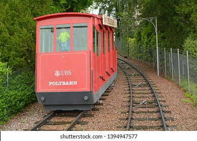 ZURICH, SWITZERLAND - APRIL 26, 2019 - UBS Polybahn Funicular Railway, Linking The Central Square With The Terrace By The Main Building Of ETH Zurich