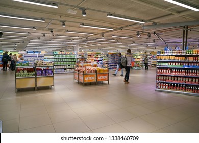ZURICH, SWITZERLAND - CIRCA OCTOBER, 2018: interior shot of Migros supermarket in Zurich International Airport. Migros is Switzerland's largest retail company.