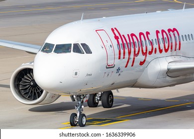 Zurich, Switzerland - February 1, 2020: Fly Pegasus Airbus A320 Neo airplane at Zurich airport (ZRH) in Switzerland. Airbus is an aircraft manufacturer from Toulouse, France.