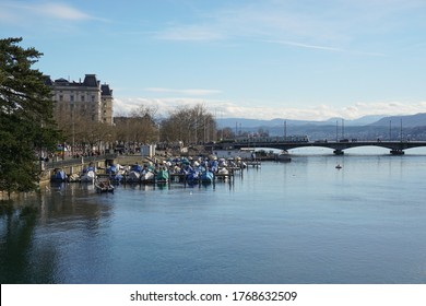 Zurich, Switzerland - February 21 2020: The View Over Zurich And The River Limmat From The Münsterbrücke In The City Centre.