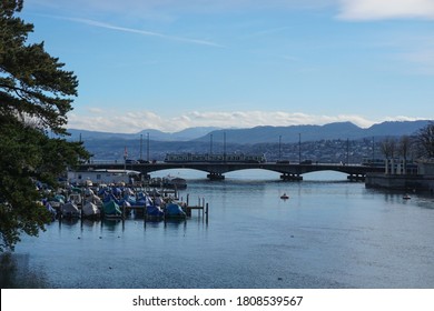 Zurich, Switzerland - February 21 2020: The View Over Zurich And The River Limmat From The Münsterbrücke In The City Centre.