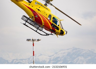 Zurich, Switzerland, February 24, 2022 Eurocopter AS350-B3 is departing from the international airport