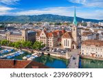 Zurich, Switzerland historic cityscape on the Limmat River on a beautiful day.