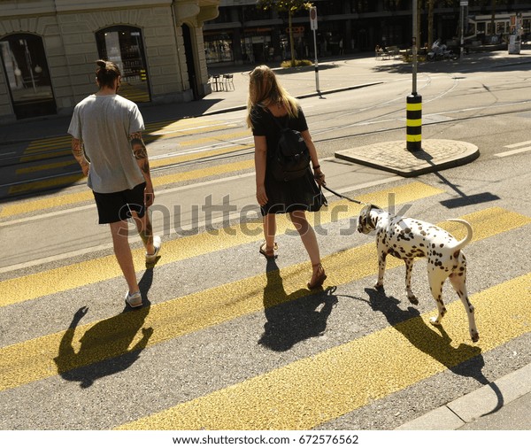 Zurich, Switzerland - June\
03, 2017: People with dog on zebra crossing in Zurich. Daily life\
in Zurich.