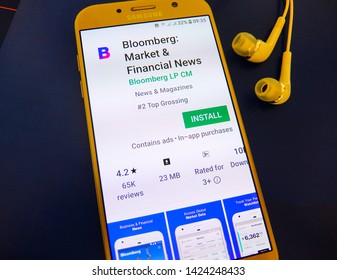 Zurich, Switzerland. June 12, 2019 - Bloomberg Market And Financial News Application On Smartphone Screen By Bloomberg LP CM. Get The Latest Financial, Stock Market And Business News.