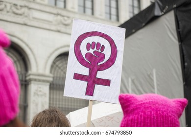 ZURICH, SWITZERLAND. MARCH - 18 - 2017. Women's March in Zurich. People demonstrate in public streets and squares of Zurich city, for women's rights. 
