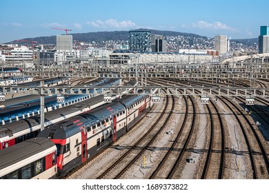 ZURICH, SWITZERLAND - MARCH 19, 2020: Serving Up To 2,915 Trains Per Day, Zürich Main Station Is One Of The Busiest Railway Stations In The World.