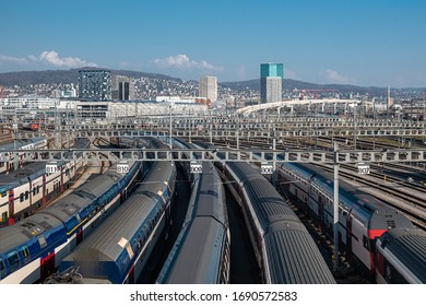 ZURICH, SWITZERLAND - MARCH 19, 2020: Serving Up To 2,915 Trains Per Day, Zürich Main Station Is One Of The Busiest Railway Stations In The World.