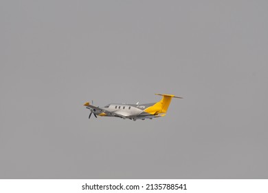 Zurich, Switzerland, March 2, 2022 Pilatus PC-12 propeller plane is departing from the international airport