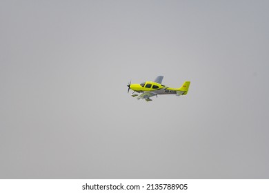 Zurich, Switzerland, March 2, 2022 Cirrus SR20 Propeller Plane Just After Take Off From The International Airport