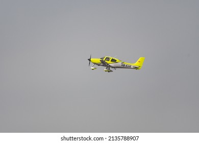 Zurich, Switzerland, March 2, 2022 Cirrus SR20 Propeller Plane Just After Take Off From The International Airport