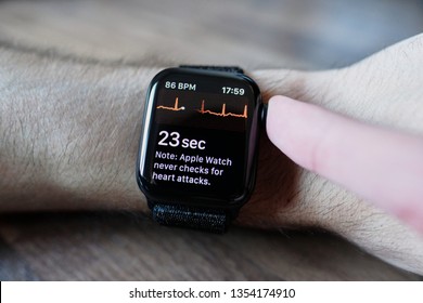 Zurich, Switzerland - March 30, 2019: Apple Watch Series 4 ECG On Man's Arm, Electrocardiogram / Electrocardiograph  Demonstration