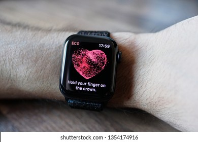 Zurich, Switzerland - March 30, 2019: Apple Watch Series 4 ECG On Man's Arm, Electrocardiogram / Electrocardiograph  Demonstration