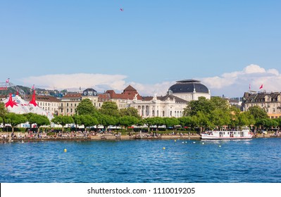 Zurich, Switzerland - May 11, 2018: embankment of Lake Zurich in the city, venue of the Circus Knie, building of the Zurich Opera House. Zurich is the largest city in Switzerland.