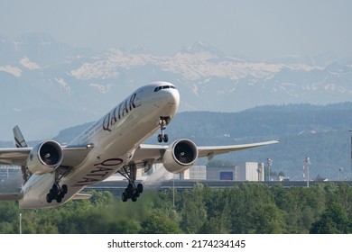 Zurich, Switzerland, May 20, 2022 Qatar Airways Boeing 777-300ER Aircraft Is Leaving From Runway 32