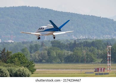 Zurich, Switzerland, May 20, 2022 Cirrus Vision SF50 Aircraft Is Landing On Runway 14