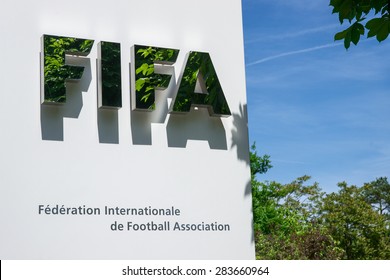 Zurich, Switzerland - May 28 2015. Sign at the entrance to the FIFA head office in Zurich