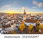 Zurich, Switzerland old town skyline over the Limmat River on an autumn morning.