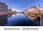 Zurich, Switzerland on the Limmat River at blue hour.