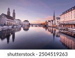 Zurich, Switzerland on the Limmat River at blue hour.