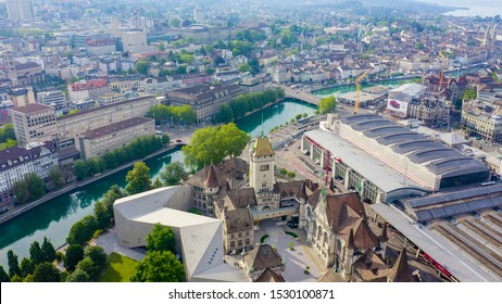 Zurich, Switzerland. Panorama of the city from the air. Zurich Main Station, Swiss National Museum, Aerial View  