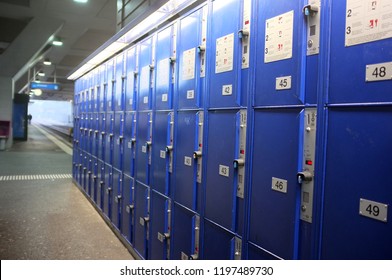 ZURICH, SWITZERLAND - SEPTBER 21, 2011: Blue lockers at train station. For passengers who plan a stopover or need to deposit luggage at the station, all main railway stations offer various locker size