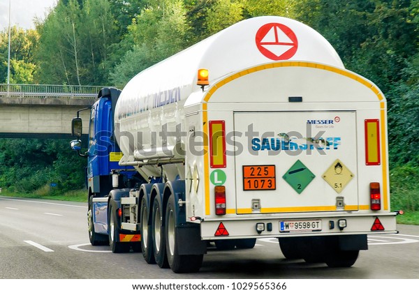 Zurich, Switzerland -\
September 3, 2016: Tanker storage vessel on the road in canton\
Zurich in Switzerland