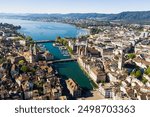 Zurich, Switzerland: Stunning aerial view of Zurich old town and downtown along the Limmat river and lake Zurich in Switzerland largest city