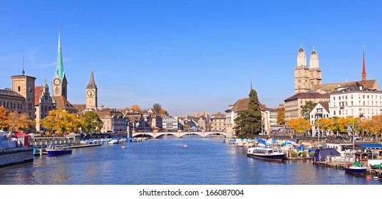 Zurich, Switzerland - View Along The Limmat River In Autumn.