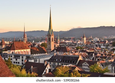 Zurich, Switzerland. View Of TheOld Town At Sunset