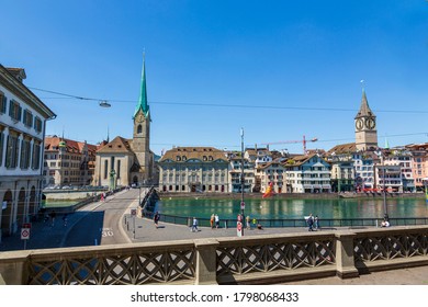 Zurich, View Of Münsterbrücke, Limmat, Fraumünster Church And St. Peter Rectory. Taken From Zwingliplatz Below The Grossmünster.