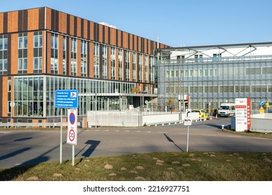 Zutphen, The Netherlands - September 2022: Gelre Local Hospital Entrance And Emergency Access With Exterior Facade In Sunlight Against A Blue Sky