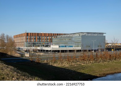 Zutphen, The Netherlands - September 2022: Gelre Local Hospital Entrance And Emergency Access With Exterior Facade In Sunlight Against A Blue Sky