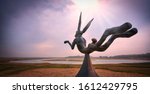 Zwin nature reserve. Jumping hare statue. Knokke-Heist, Flanders, Belgium.  Knokke-Zoute part of town.