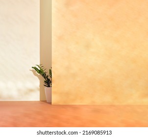 ZZ Plant, Zanzibar Gem Or Zamioculcas Zamiifolia On A Pastel Background. Still Life With Houseplant. Warm Tone. Play Of Light And Shadow. Good Morning, Summer Flowers, Plant Lovers Concept.