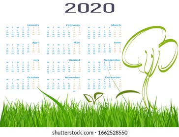 Calendar for 2020 with beautiful nature and trees.