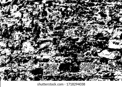 Aged wall trench crumble masonry (backdrop).Old grungy texture of scary relief mine. Vintage damaged wild terrain for 3D design. Dirty worn mud pits, shattered facade fortified, crashed ground floor