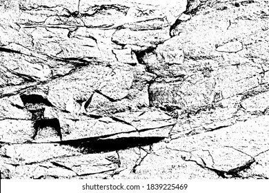 Black white vector graphic bump map of gaps, damages sandy cavities, ragged sharp grooves. Grunge deep scratch dirt of ruined big relief blocks. Old dirty marble hill cliff use for 3d volume backdrop