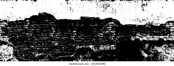 Muro medieval destruido por fondo. Vector blanco y negro Textura sin costura panorámica del viejo ladrillo roto. Fachada de ladrillo quemada de la antigua ciudad