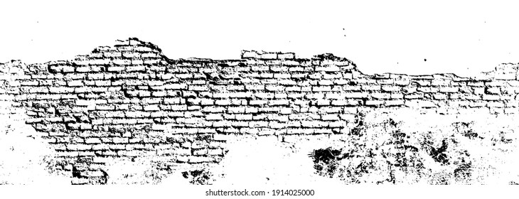 Muro medieval destruido por fondo. Vector blanco y negro Textura sin costura panorámica del viejo ladrillo roto. Fachada de ladrillo quemada de la antigua ciudad