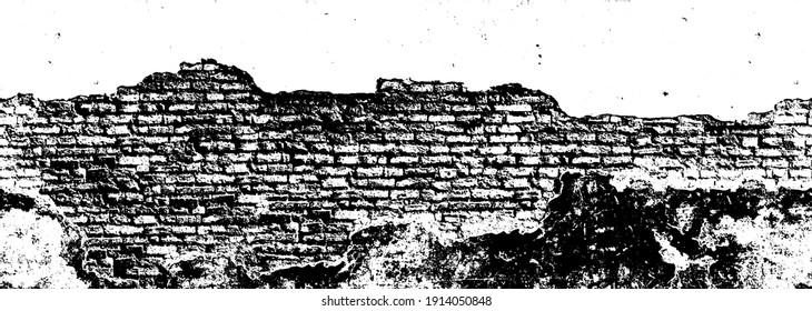 Muro medieval destruido por fondo. Vector blanco y negro Textura sin costura panorámica del viejo ladrillo roto. Fachada de ladrillo quemada de la antigua ciudad