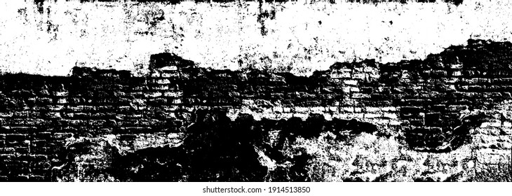 Aged scratched chipped front of fence for 3D dark design. Cracked uneven flaked rot wall of an old castle grunge loft. Brushed peeling dirty ruined exposed stucco on shabby medieval scary street city