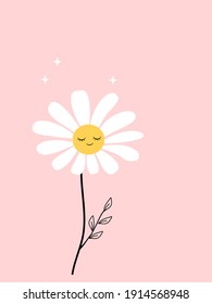 Sleeping​ daisy​ cartoon​ with​ leaves​ on​ white​ background​ vector​.