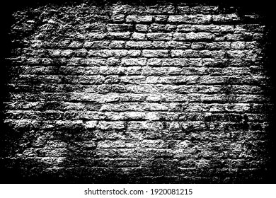 Textura vectorial en blanco y negro de ladrillo enchapado envejecido. Superficie agrietada, ladrillos rotos en la vieja pared. Fondo sucio gris claro para el diseño