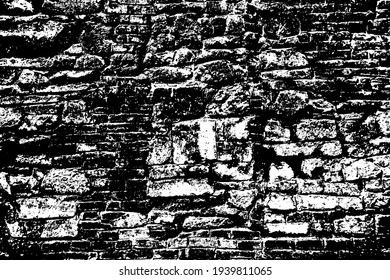 Old grungy retro grimy brick wall of ancient city. Uneven dirty pitted peeled surface brickwork of cellar worn. Ruined solid bumpy stiff blocks. Hard messy ragged holes brickwall for 3D grunge design