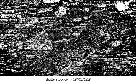 Old grungy retro grimy brick wall of ancient city. Uneven dirty pitted peeled surface brickwork of cellar worn. Ruined solid bumpy stiff blocks. Hard messy ragged holes brickwall for 3D grunge design